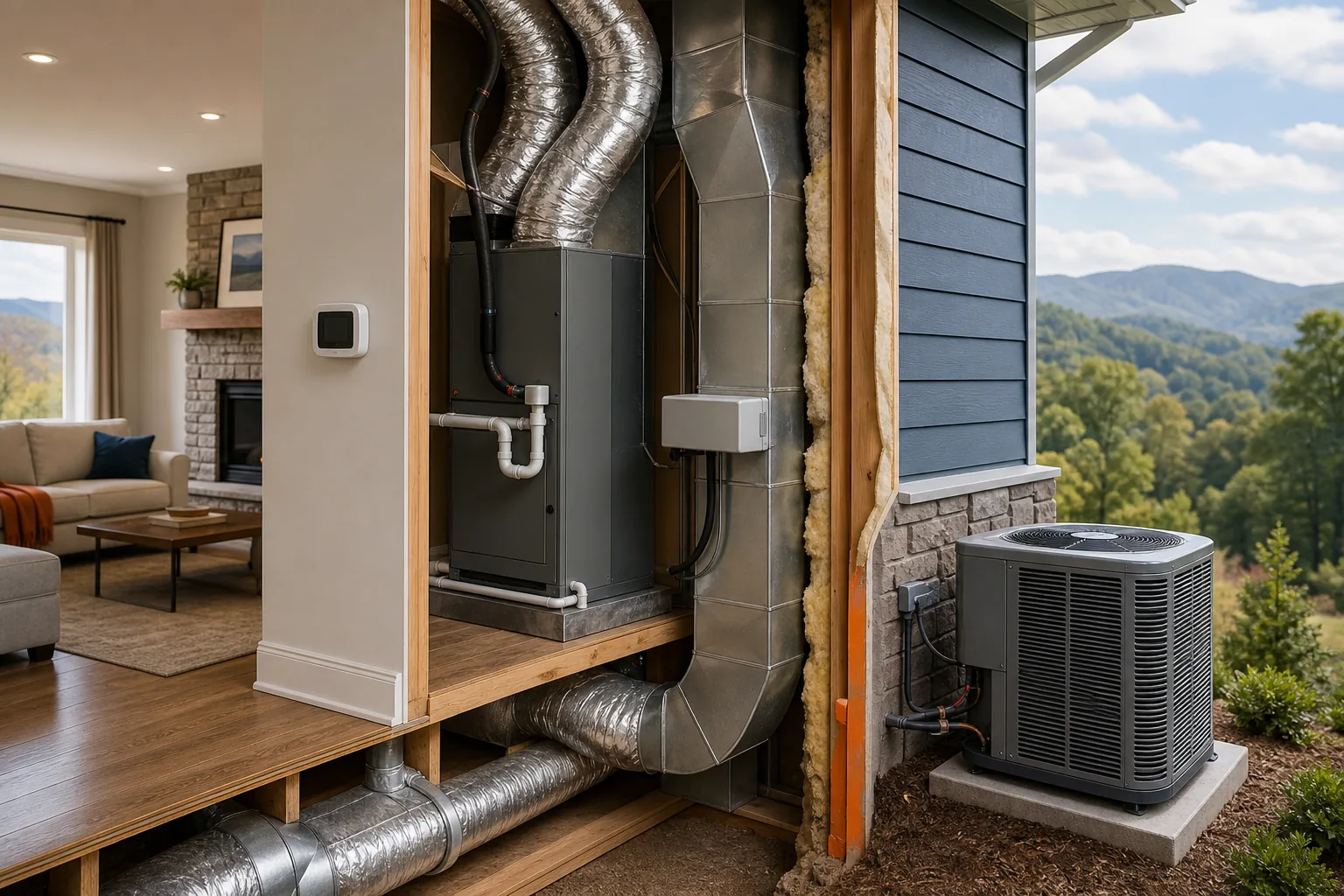 HVAC system components including heat pump, air handler, ductwork, and thermostat in an East Tennessee home.