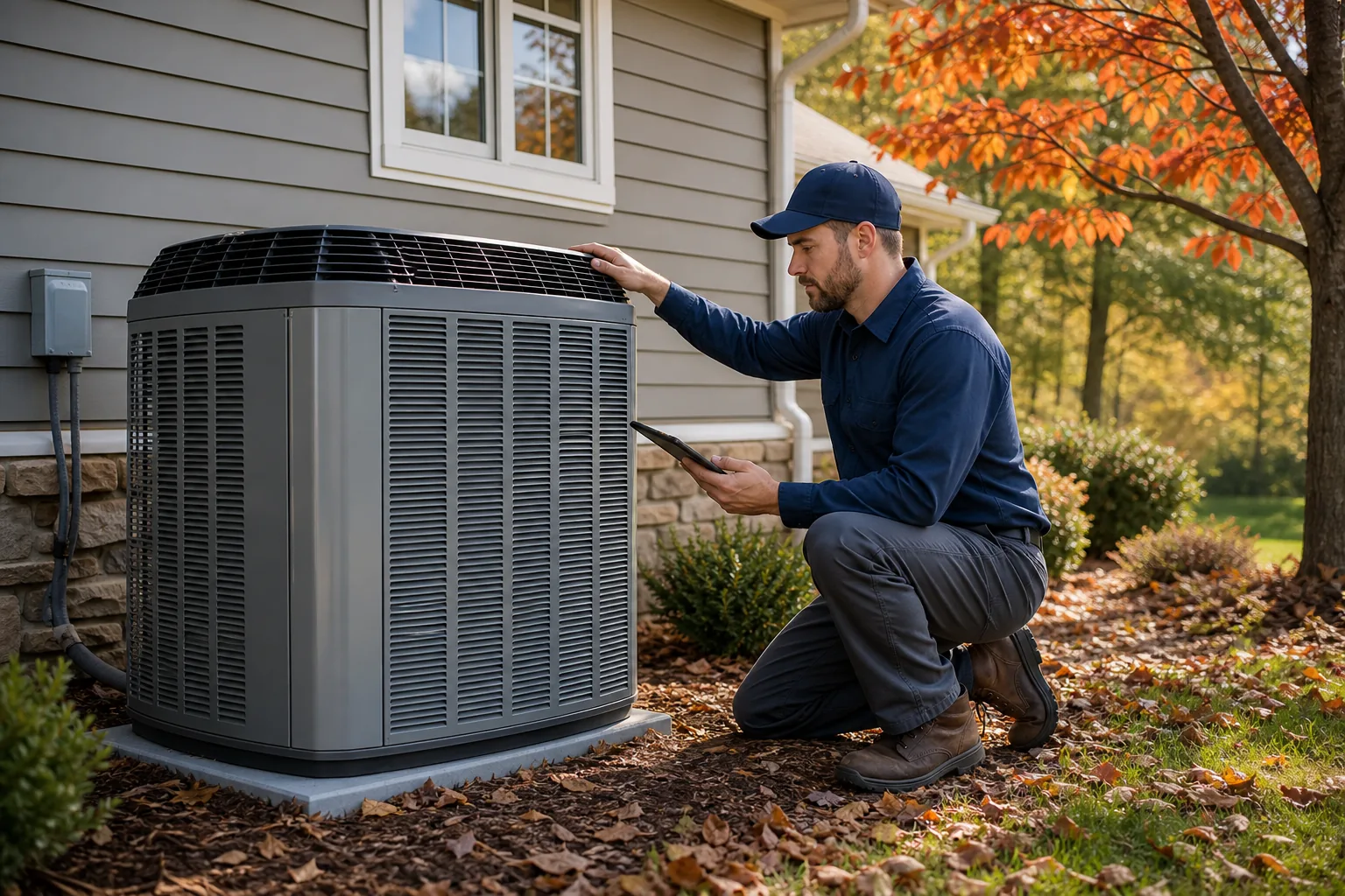 Seasonal HVAC maintenance and outdoor heat pump inspection before fall in East Tennessee.