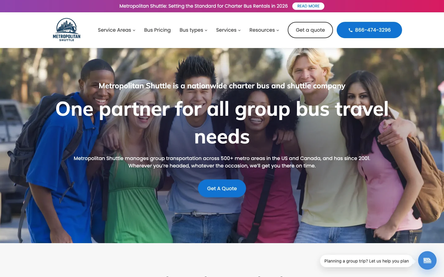 Screenshot of the Metropolitan Shuttle website homepage