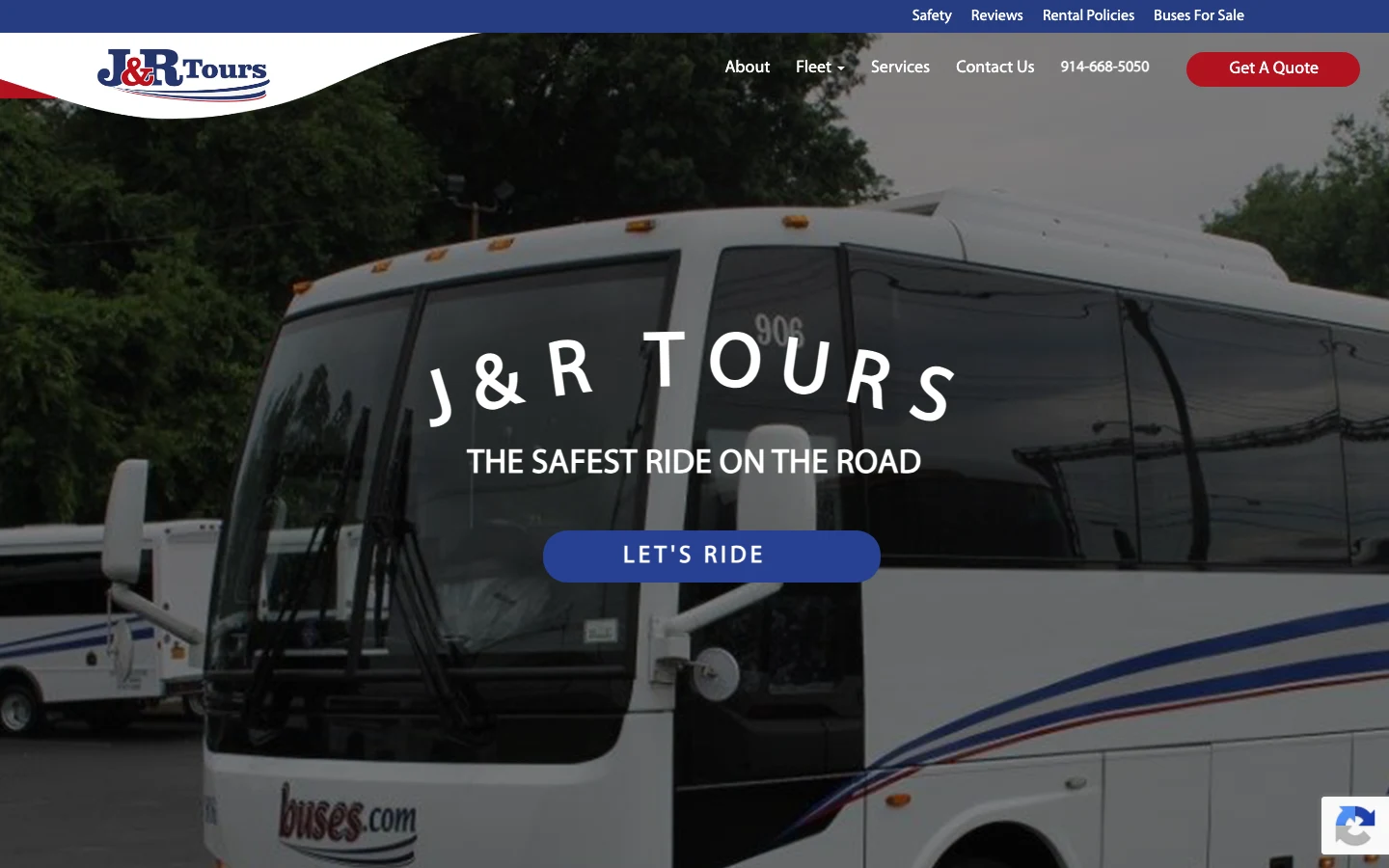 Screenshot of the J&R Tours charter bus website homepage