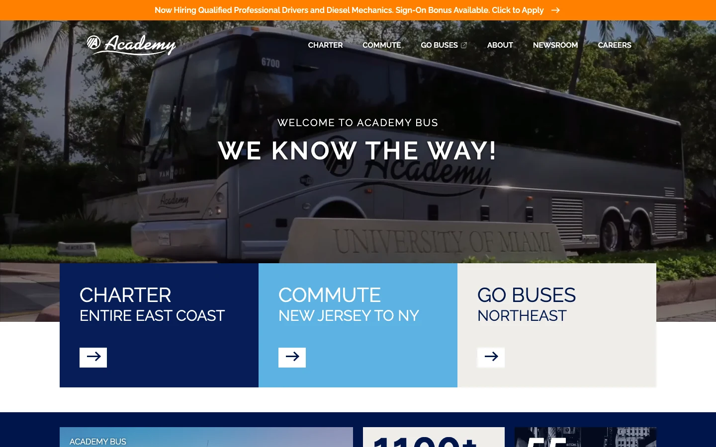 Screenshot of the Academy Bus website homepage