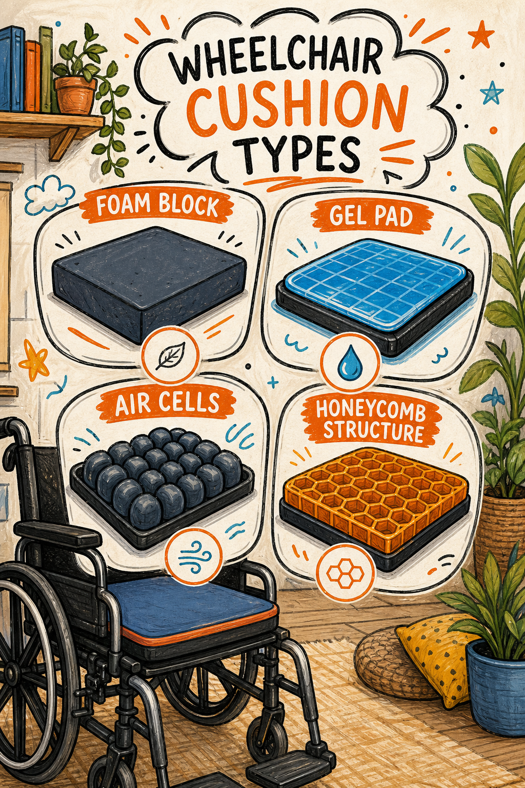 A colorful doodle-style illustration showing four different wheelchair cushion types: foam block, gel pad, air cells, and honeycomb structure, each labeled with simple icons. Alt: Wheelchair cushion types foam gel air honeycomb illustration