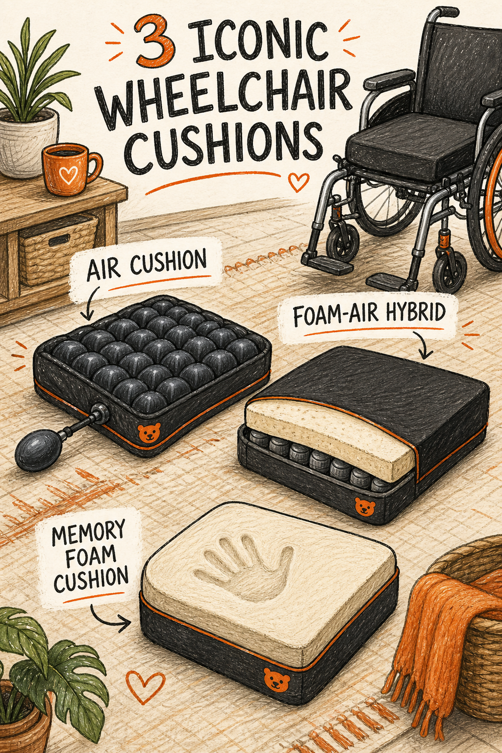 A doodle-style illustration of three iconic wheelchair cushions: an air cushion with visible air cells, a foam-air hybrid, and a memory foam cushion, all set on a clean background with labels. Alt: Best wheelchair cushions types available from <a href=