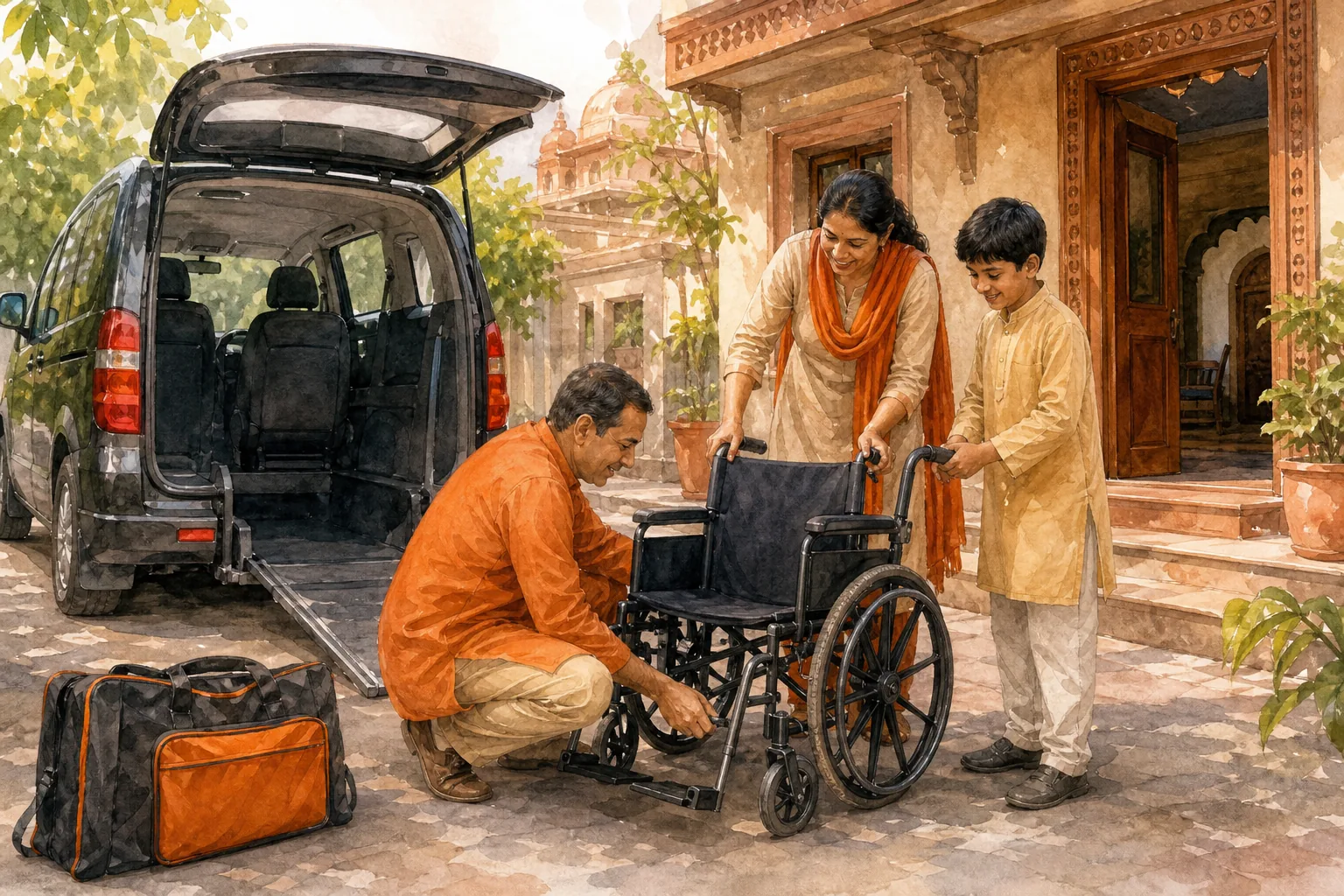 preparing a rented wheelchair for travel in India