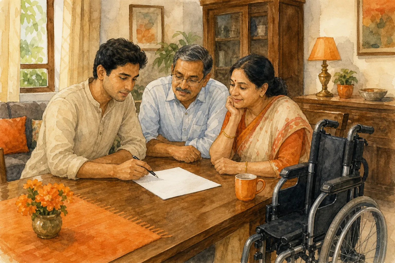 Family reviewing wheelchair rental insurance and damage deposit terms in India.