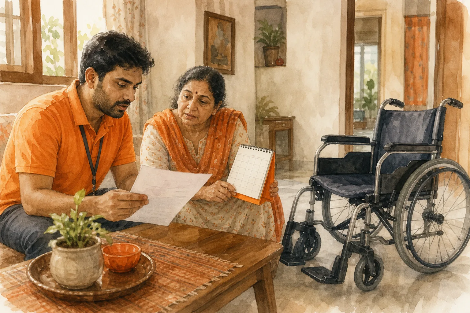 Comparing wheelchair deposit refund terms and rental length in India.