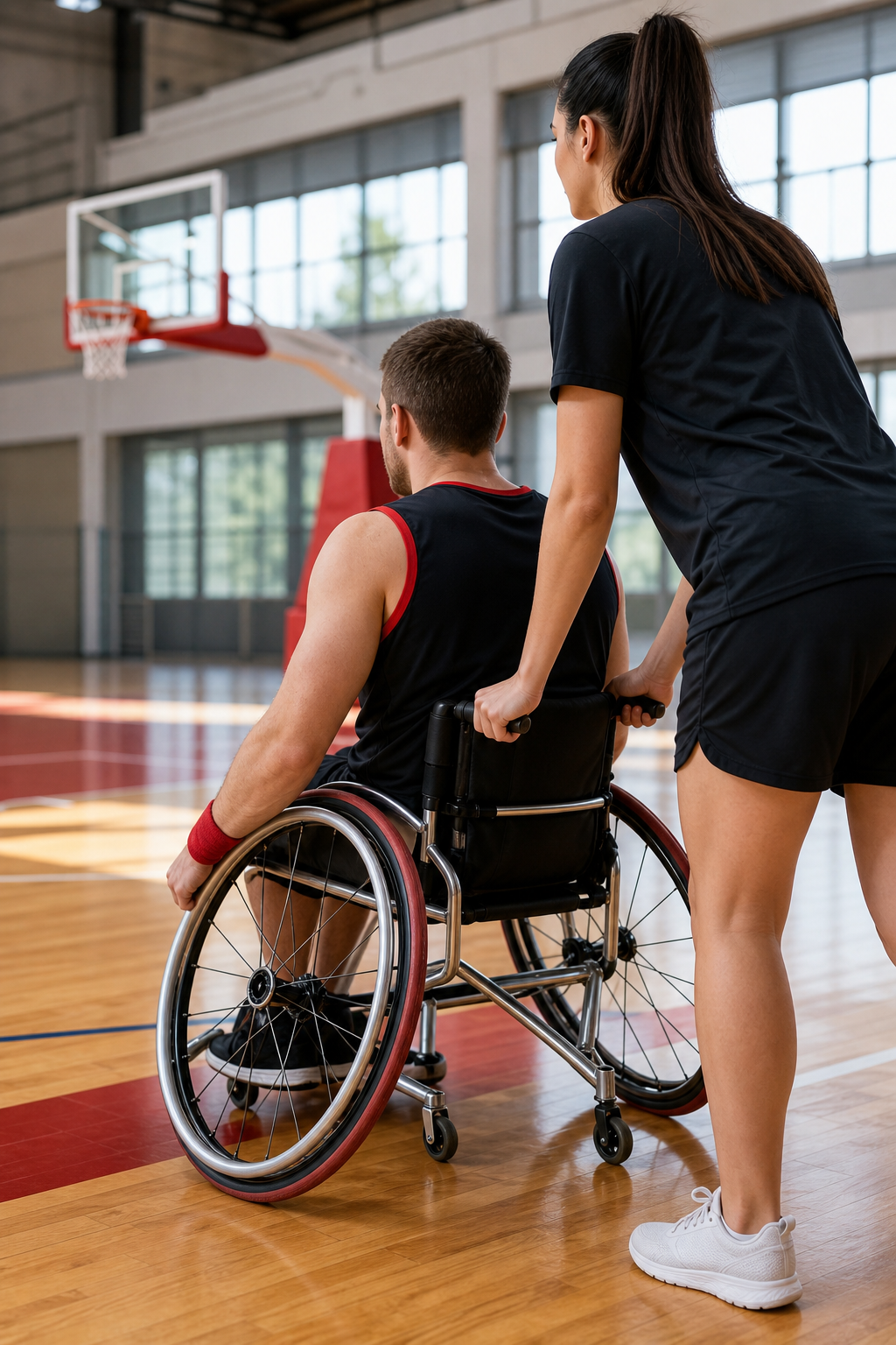 A person pushing a wheelchair with sleek silver sport wheels and a low-profile tire on a basketball court. Alt: Upgraded sport wheelchair wheels on a basketball court.