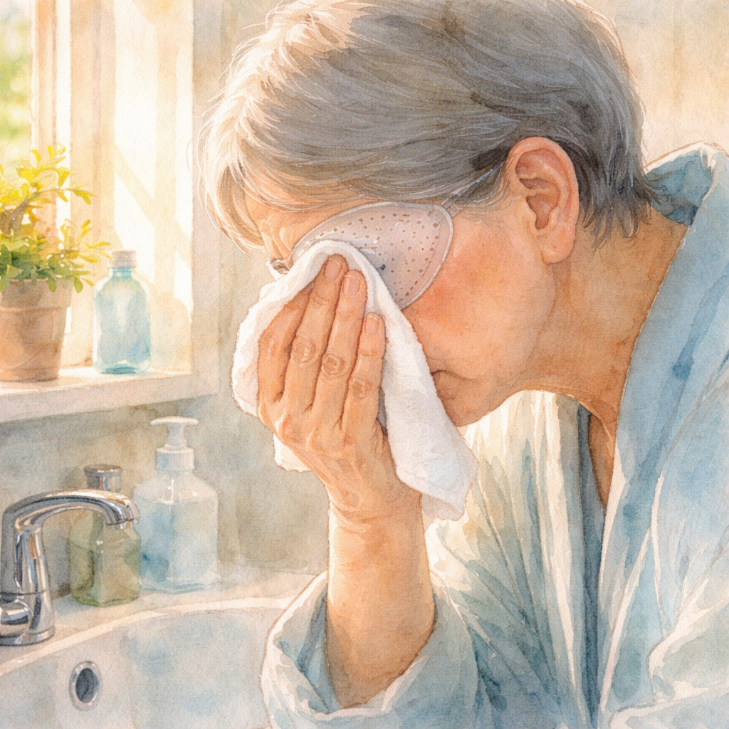 A gentle morning bathroom scene with a patient washing their face carefully after cataract surgery, sunlight through a window, focusing on a hand with a soft cloth near the eye. Alt: washing face after cataract surgery