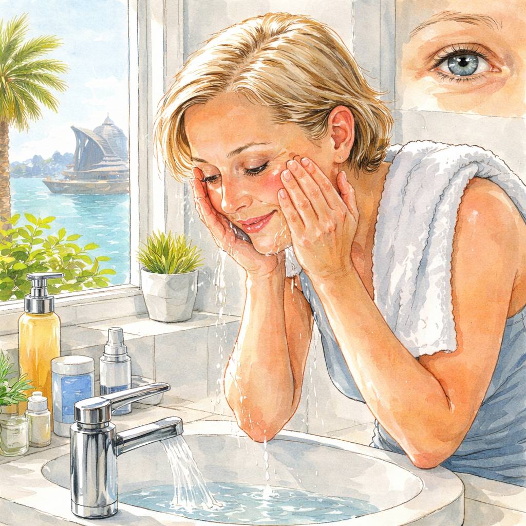 A bright Sydney bathroom with a person gently washing their face, a soft towel draped over the shoulder, and a clear view of a healed eye. Alt: Resuming full skincare routine after cataract surgery safely.