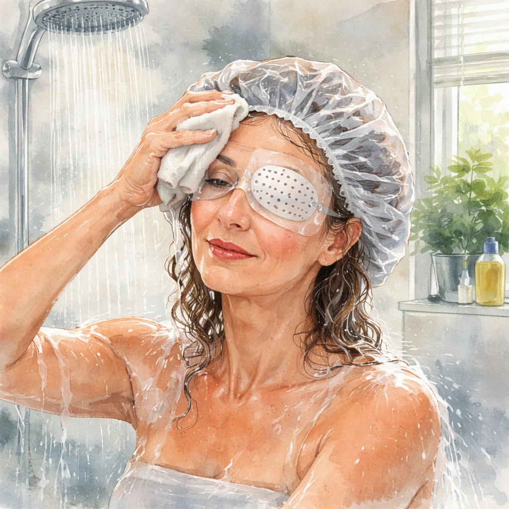 A person in a modern Sydney bathroom gently washing hair with a shower cap on, focusing on protecting the eye. Alt: Preparing to wash hair after cataract surgery