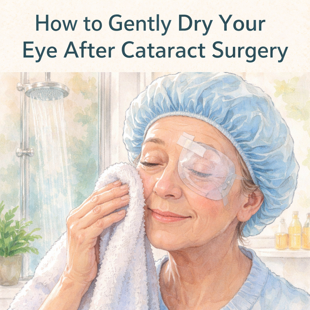 A bright, modern Sydney bathroom with a shower cap on a patient’s head, a soft towel nearby, and a gentle stream of water in the background. Alt: Post‑wash eye care after cataract surgery, gentle drying steps.