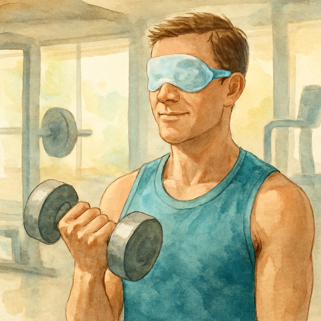 A fit adult in a sunny Sydney gym, gently holding a light dumbbell, with a subtle eye‑mask illustration indicating post‑cataract surgery care. Alt: Safe weight‑lifting after cataract surgery in Sydney.