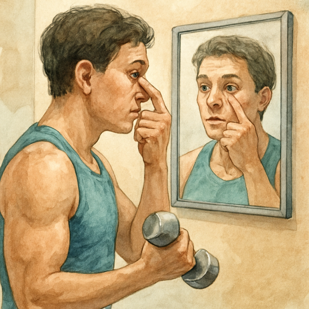 A fit adult in a Sydney clinic gently checking their eye in a mirror after a set of light dumbbell curls. Alt: Post‑cataract surgery eye‑monitoring routine during weight training.