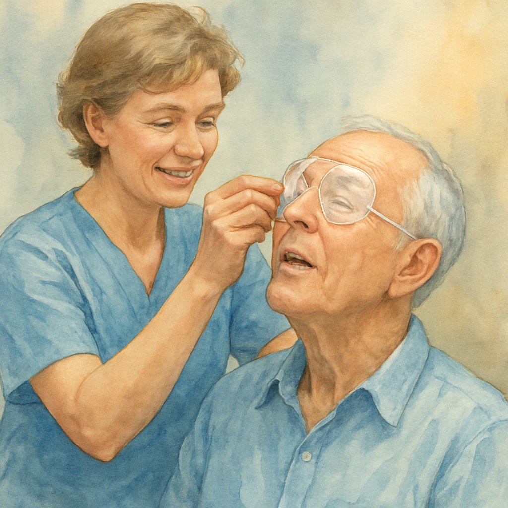 A friendly nurse helping a Sydney patient adjust an eye shield after cataract surgery. Alt: When can you shower after cataract surgery - patient tilting head back to avoid water on operated eye.