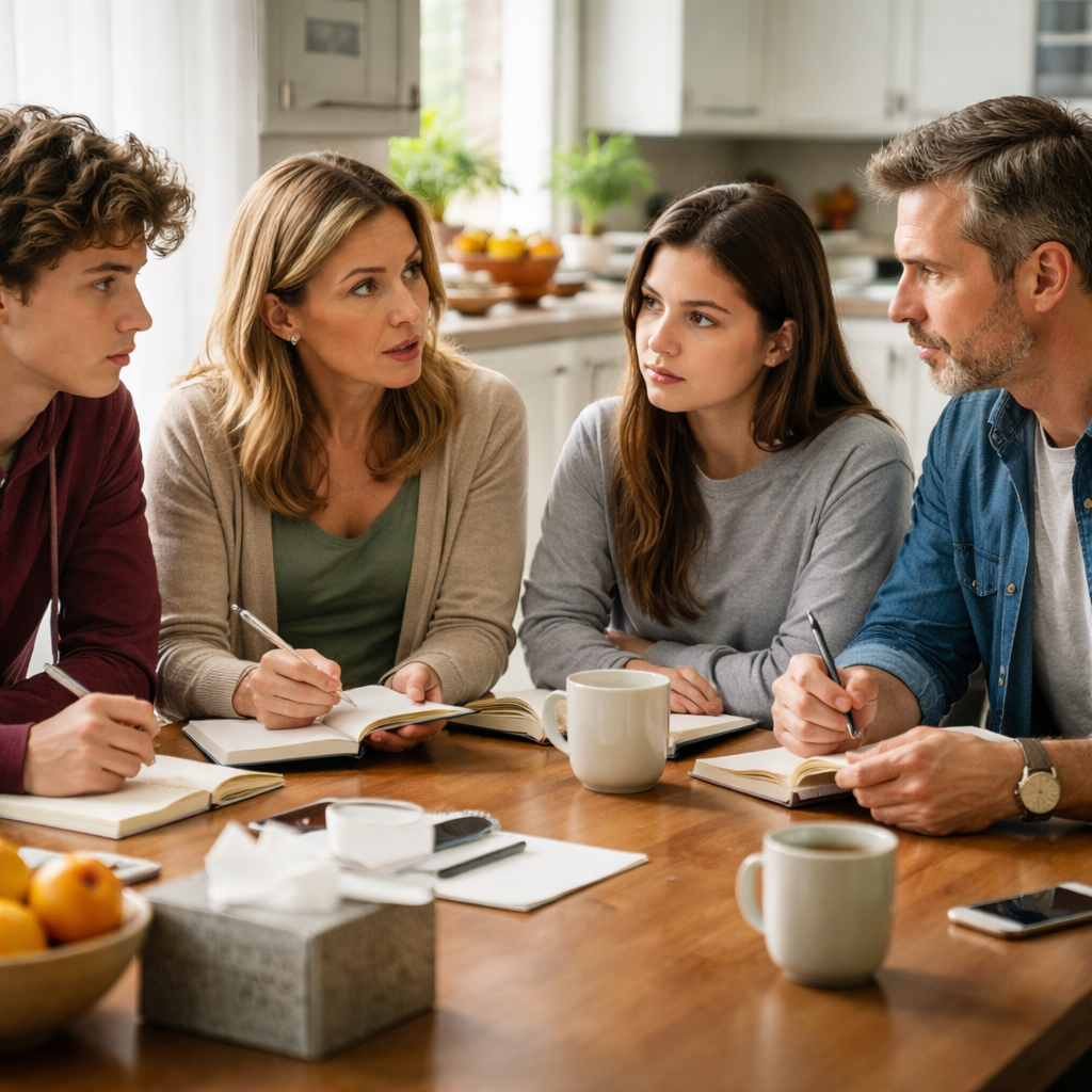 A photorealistic scene of a family gathered around a kitchen table, each holding a notebook and looking thoughtful, soft natural lighting, showing the process of sharing observations and concerns about a teen’s behavior. Alt: family discussing teen signs for intervention
