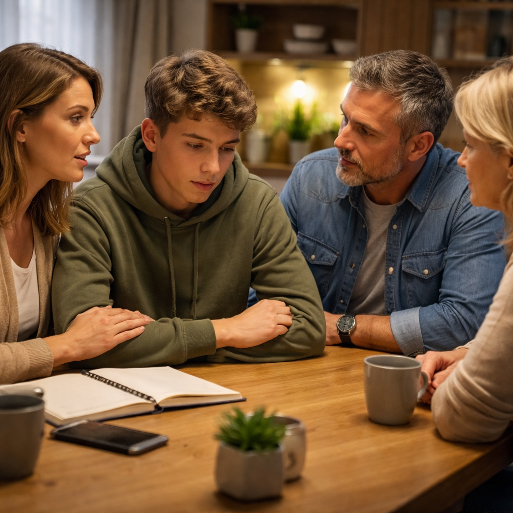 A photorealistic scene of a family gathered around a kitchen table, notebook open, calm lighting, showing a parent speaking gently to a teen while two supportive adults listen. Alt: family intervention step‑by‑step execution.