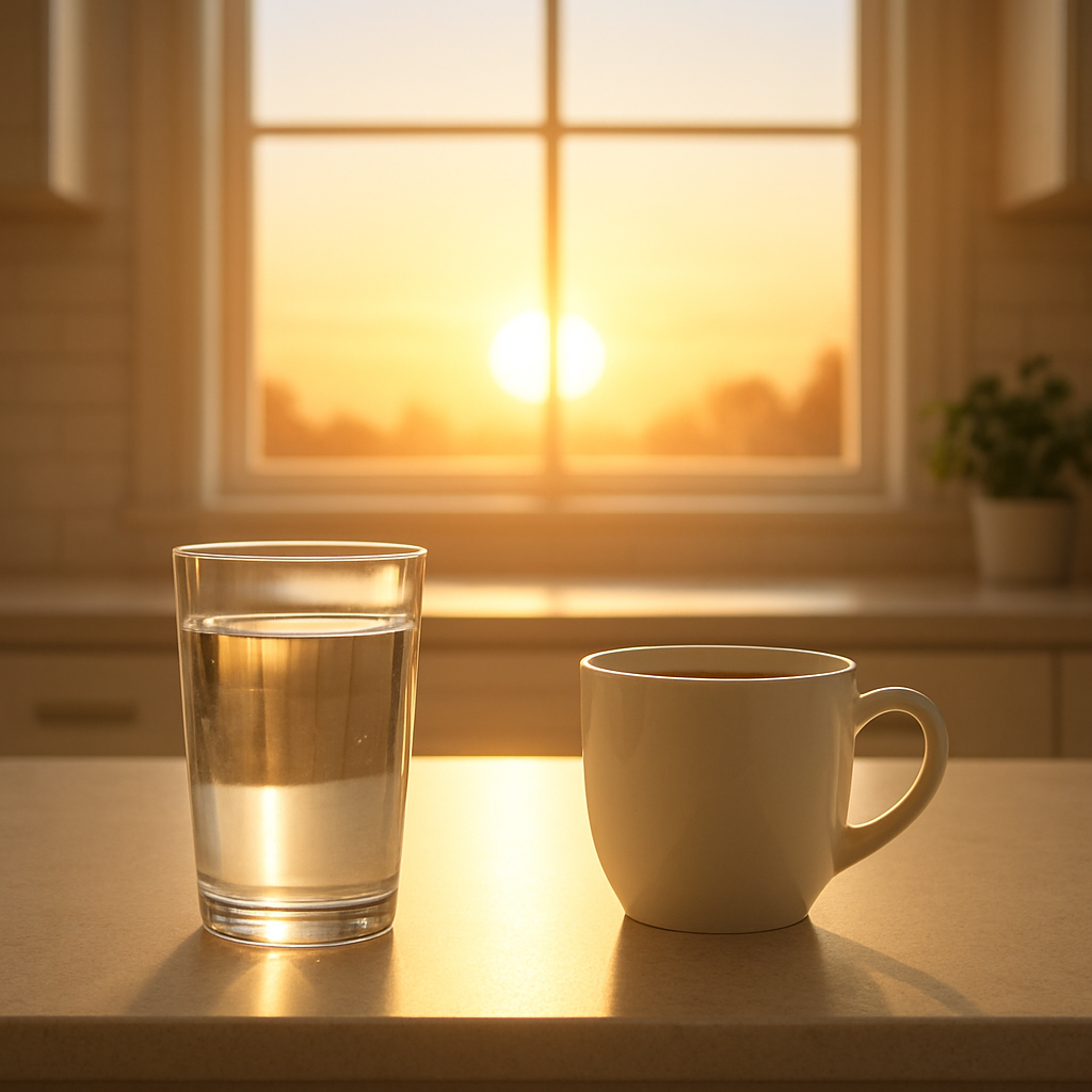 A bright kitchen countertop with a clear glass of water, a coffee mug, and a sunrise view through the window. Alt: Morning hydration glass for weight loss