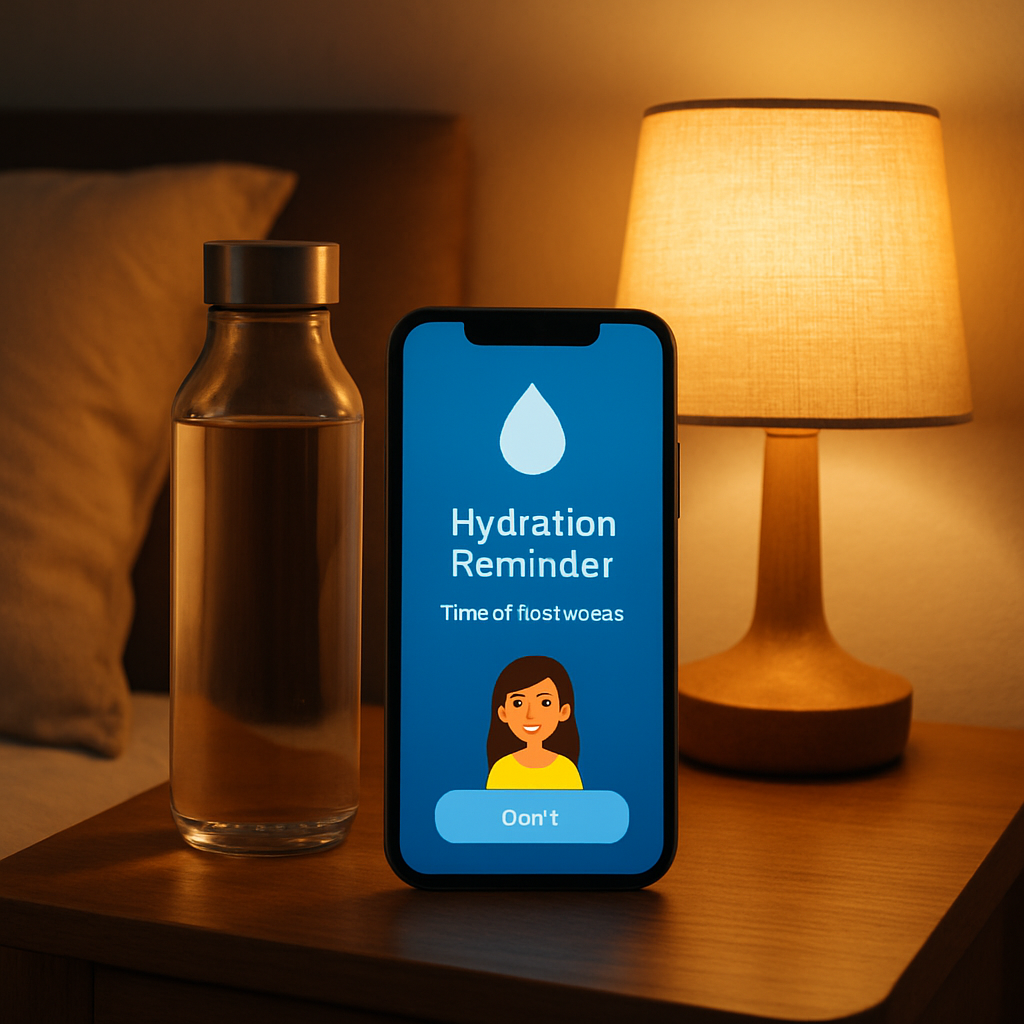 A cozy bedroom nightstand with a glass water bottle, a dim lamp, and a phone showing a hydration reminder. Alt: Evening hydration routine for better sleep and weight loss.