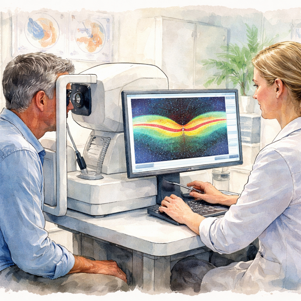 A patient seated in an eye clinic with a technician operating an OCT machine, the screen showing a bright, layered image of the retina. Alt: Patient undergoing OCT scan for retinal assessment.