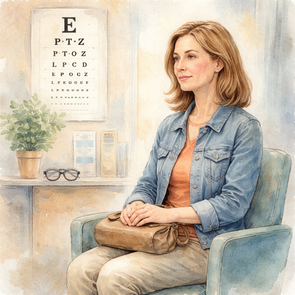 A patient in a waiting room, eye chart, subtle background. Alt: Patient waiting for eye exam.