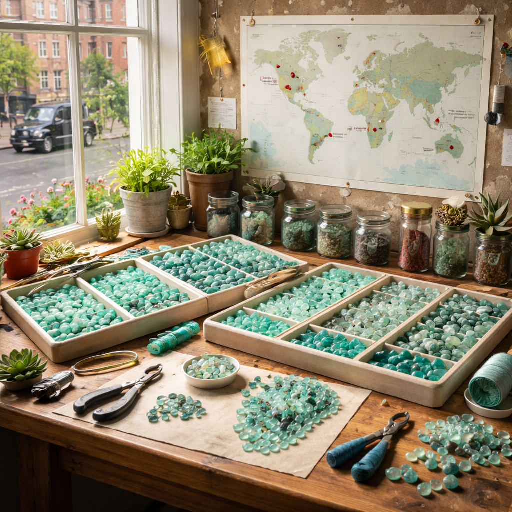 A photorealistic British craft room scene: a wooden worktable with open gemstone trays of amazonite beads in various greens, a map showing global deposits pinned at Urals, Minas Gerais, Madagascar, and Colorado, and a soft UK daylight glow. Alt: British workshop with amazonite beads and global map.