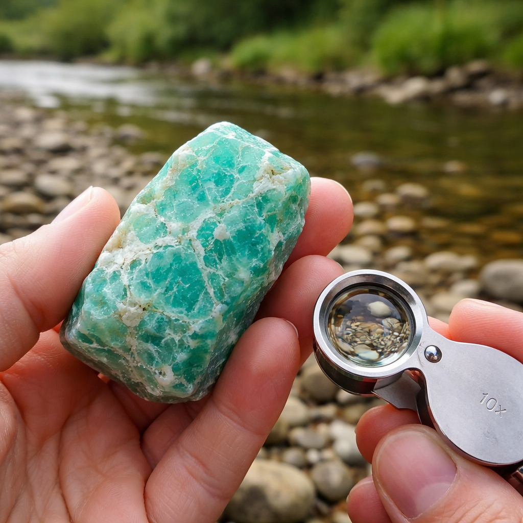 A photorealistic close‑up of a hand holding a raw amazonite crystal beside a hand lens, with a river gravel background in the British countryside, soft natural light highlighting the stone’s turquoise‑green colour and white mottling. Alt: Identifying amazonite in the field with a hand lens and colour cues.