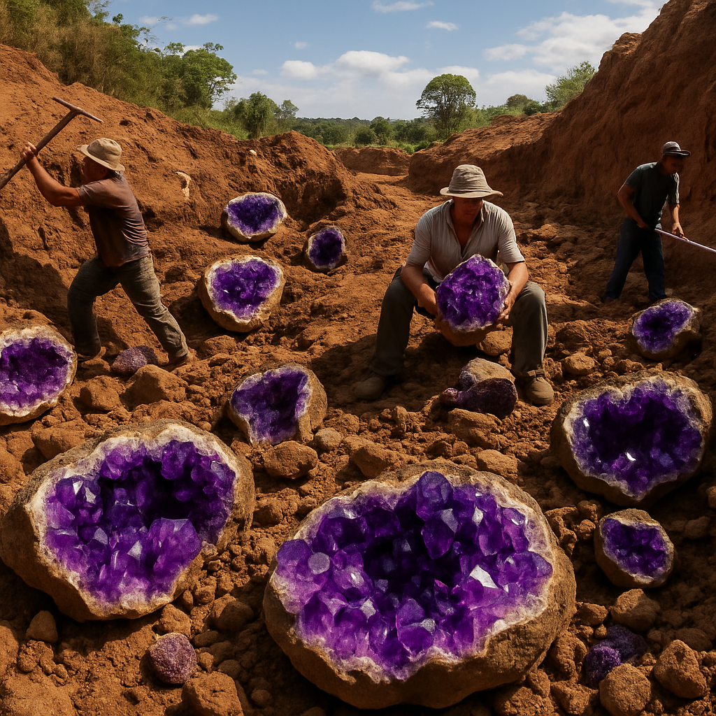 A panoramic view of a Brazilian amethyst mine with workers extracting geodes, showcasing deep purple crystals glinting in the sunlight. Alt: Brazilian amethyst mining site showing vibrant purple quartz crystals.