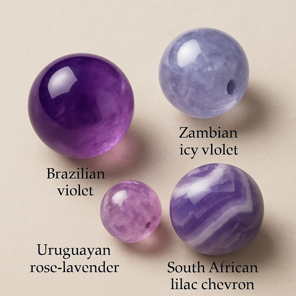 Close‑up of amethyst beads laid out on a neutral background, showing deep Brazilian violet, soft Uruguayan rose‑lavender, icy Zambian violet, and South African lilac chevron patterns. Alt: Identifying amethyst origin colour inclusions characteristics