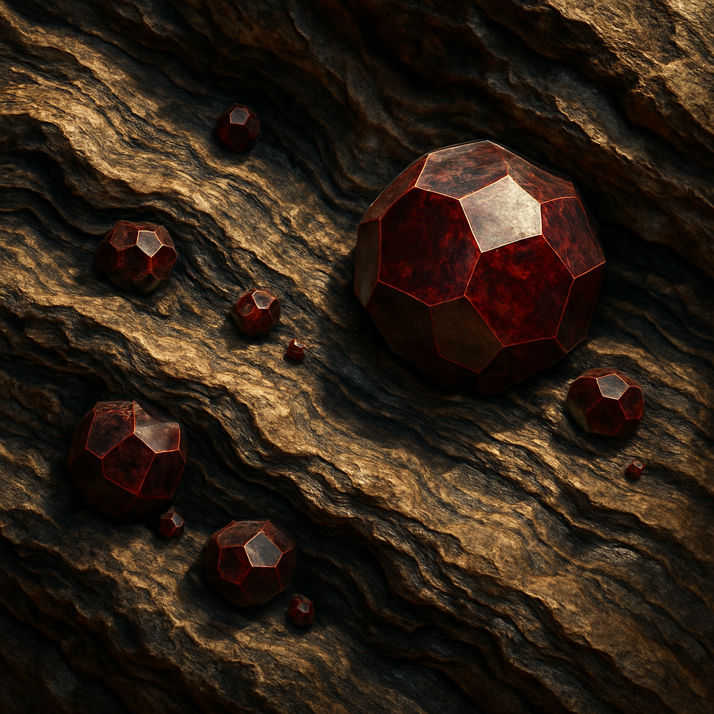 A high‑resolution illustration of garnet crystals forming deep within metamorphic rocks, showing layers of pressure and heat. Alt: Garnet formation in metamorphic rocks, deep earth processes.