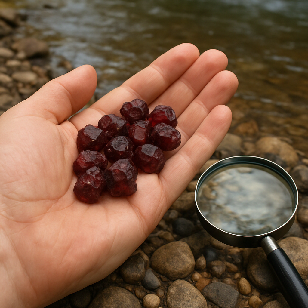 A hand holding a handful of rough red garnet crystals on a riverbank, with a magnifying glass beside them. Alt: Identifying garnet in the field – colour, hardness and crystal habit guide.