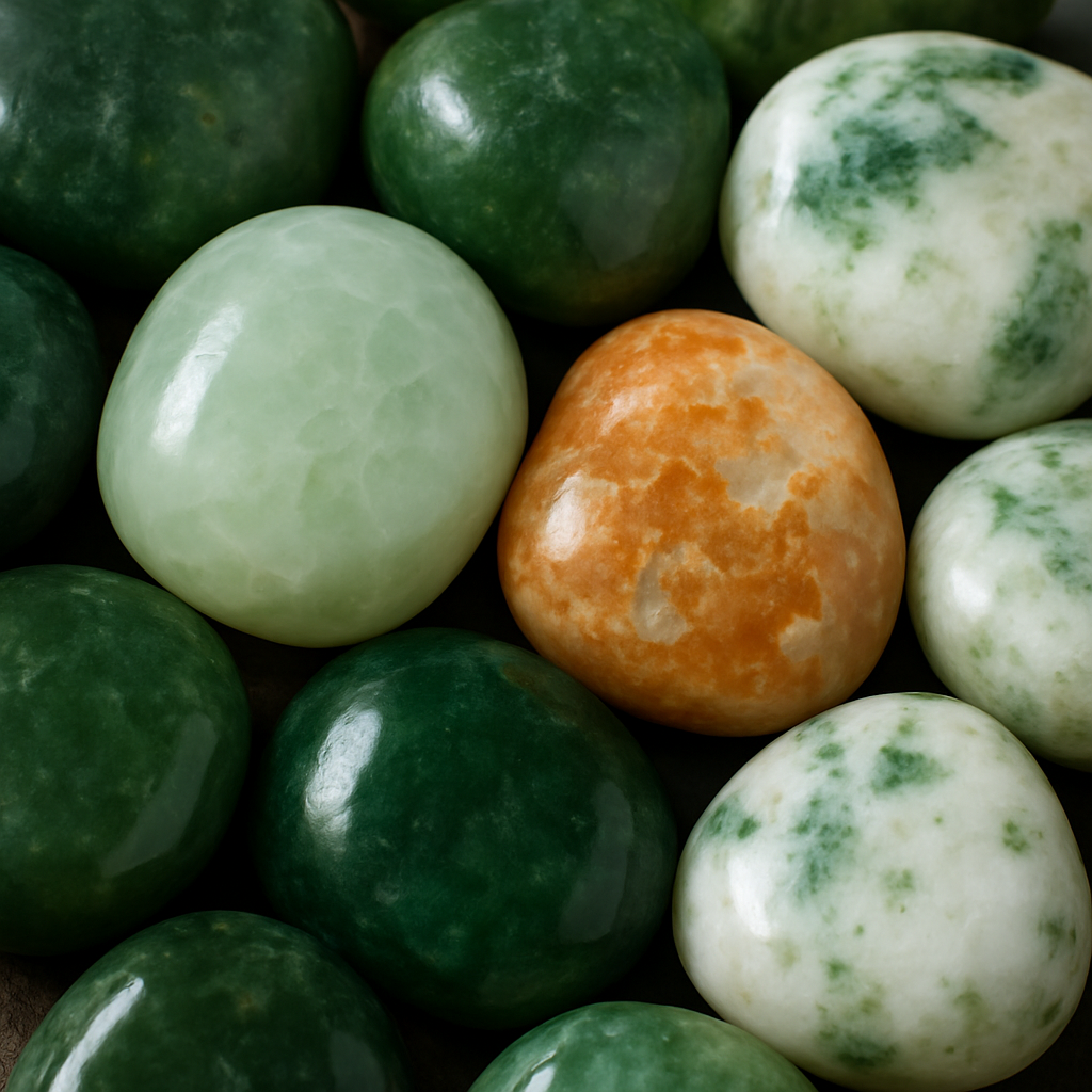 Close-up of diverse jade stones in varying colours and translucencies, highlighting textures and natural imperfections. Alt: Different types of natural jade stones showing colour and texture differences.