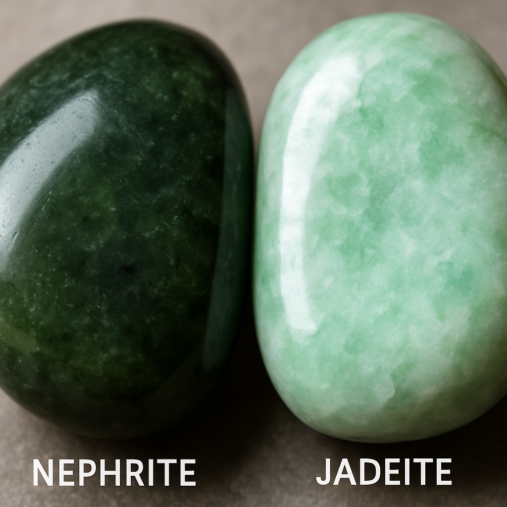 A close-up image contrasting nephrite and jadeite stones from global sources; alt: Comparison of nephrite and jadeite jade stones highlighting different colours and textures.
