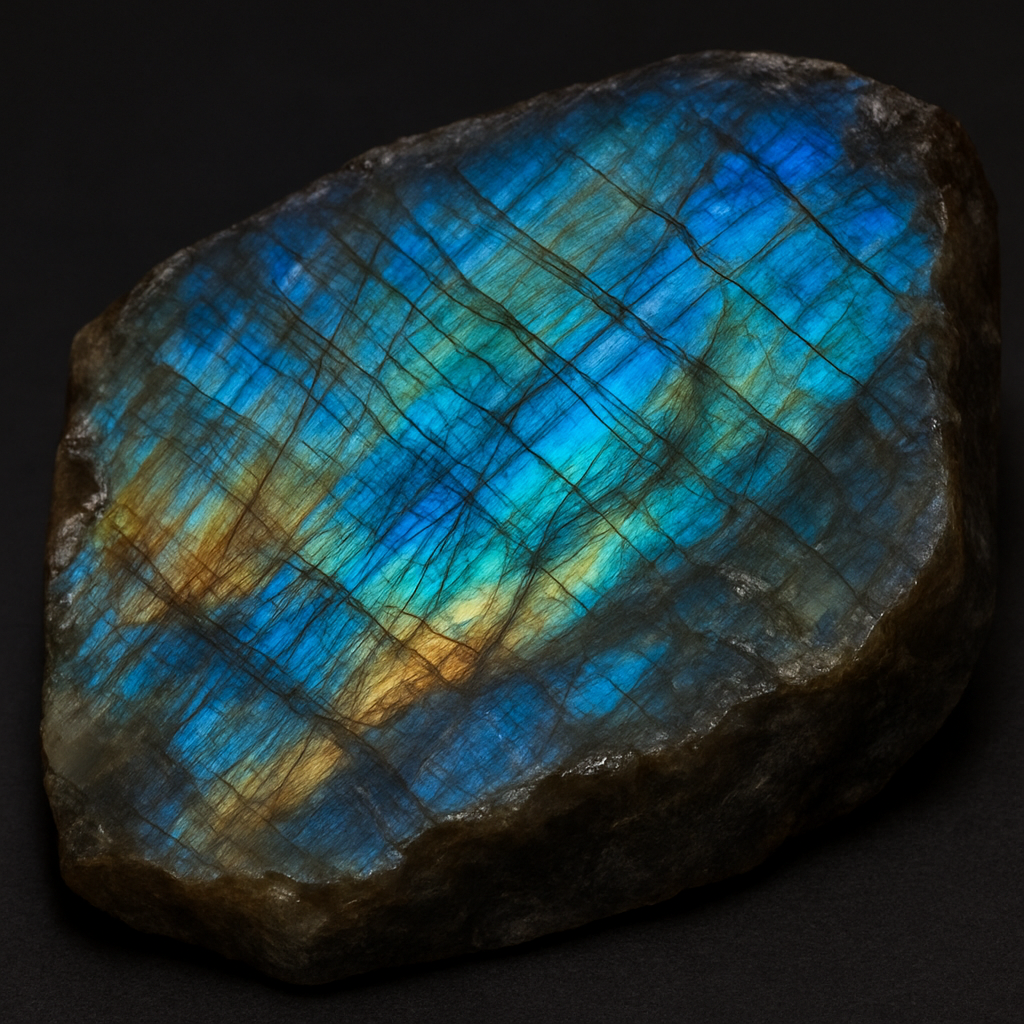 A close‑up of a raw labradorite slab showing shimmering labradorescence under angled light. Alt: Labroadorite geological origin and iridescent layers visible.
