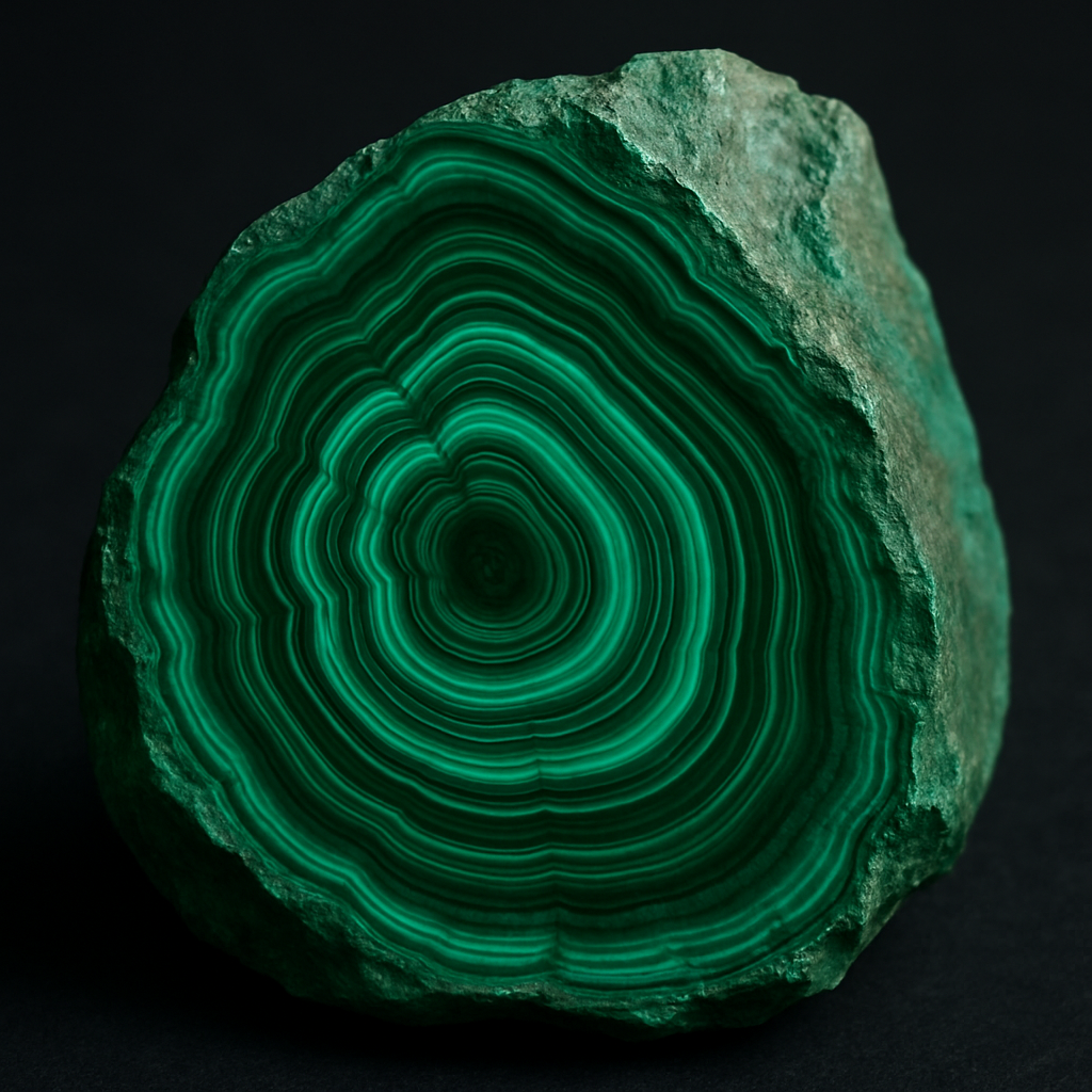A close‑up of a raw malachite specimen showing layered banding, set against a dark background. Alt: 