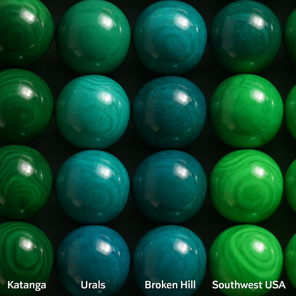 A high‑resolution close‑up of malachite beads from different mining regions arranged side by side, showing deep green, turquoise, blue‑green and neon‑green varieties. Alt: Comparative view of malachite colours from Katanga, Urals, Broken Hill and Southwest USA.