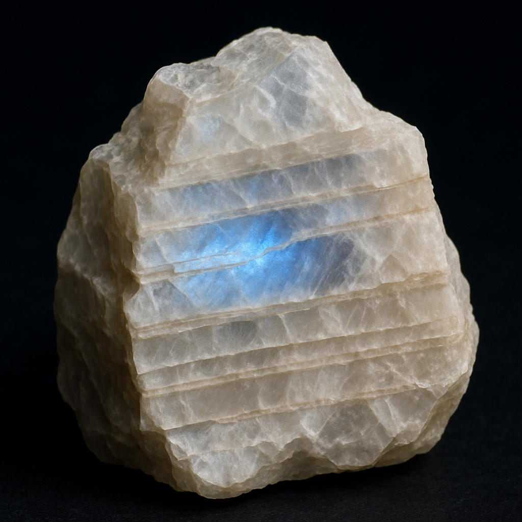 A close‑up of a raw moonstone crystal showing alternating albite and orthoclase layers, set against a dark background. Alt: Moonstone crystal formation layers showing adularescence potential.