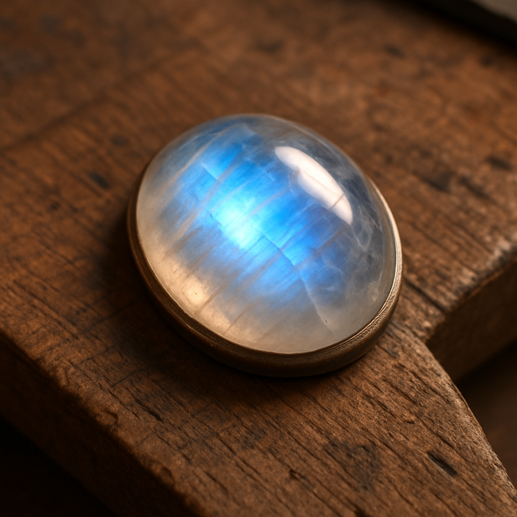 A close‑up of a moonstone cabochon glowing with adularescence, set on a wooden jewellery workbench. Alt: Moonstone metaphysical properties and chakra association visual guide