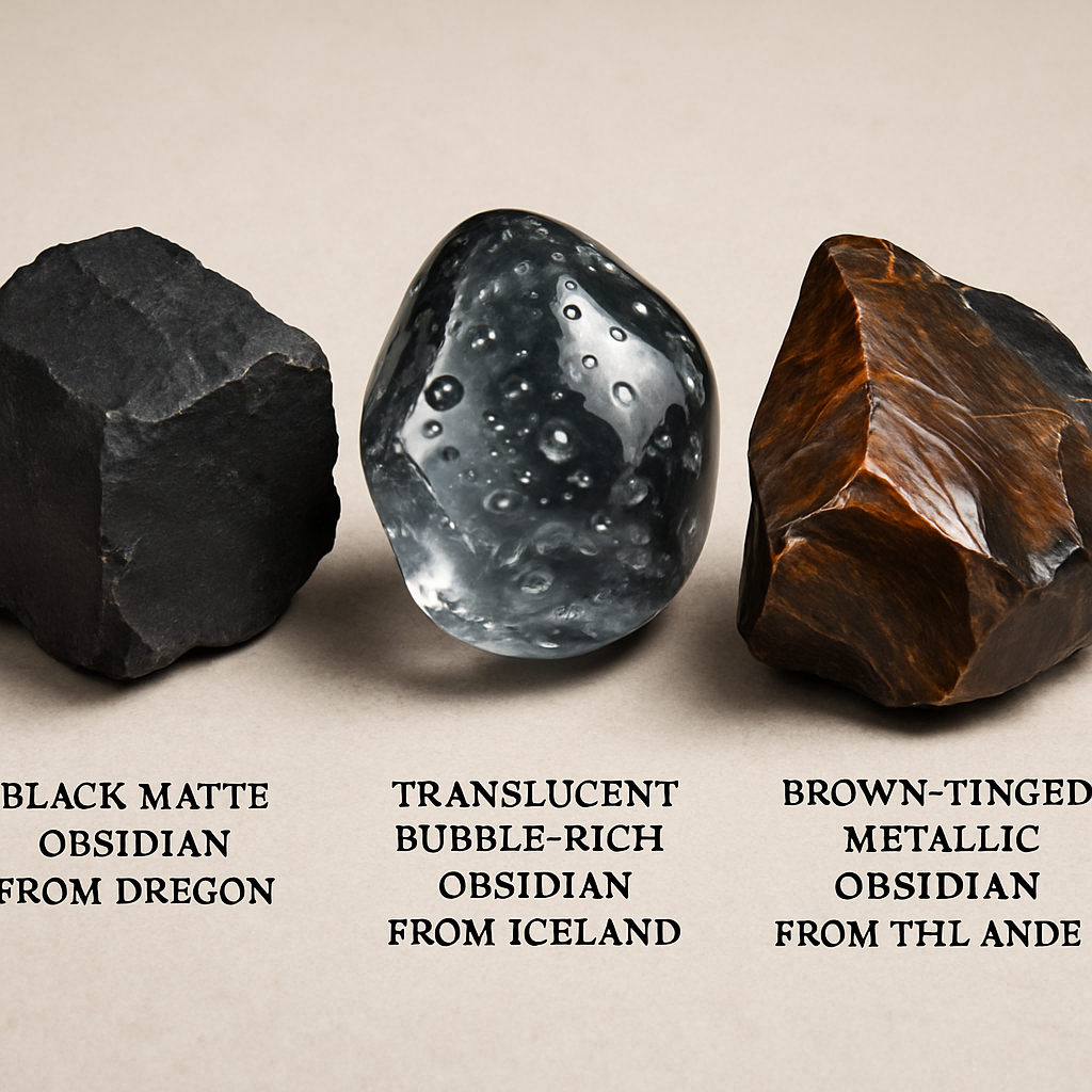 A panoramic view of varied obsidian deposits – black matte rocks from Oregon, translucent bubble‑rich obsidian from Iceland, and brown‑tinged metallic obsidian from the Andes. Alt: Comparison of major obsidian deposits around the world.