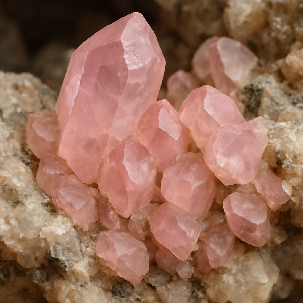 A close‑up of raw rose quartz crystals emerging from a Brazilian pegmatite, showing the pink hue and crystal structure. Alt: raw rose quartz crystals from a Brazilian pegmatite deposit