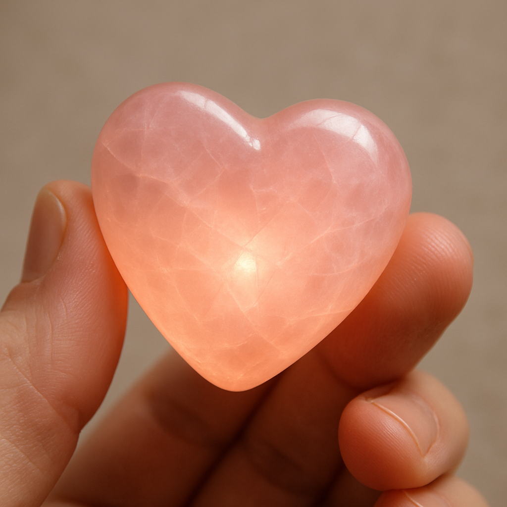 A close‑up of a hand‑held rose quartz heart‑shaped bead glowing softly against a neutral background. Alt: Rose quartz heart bead metaphysical energy illustration