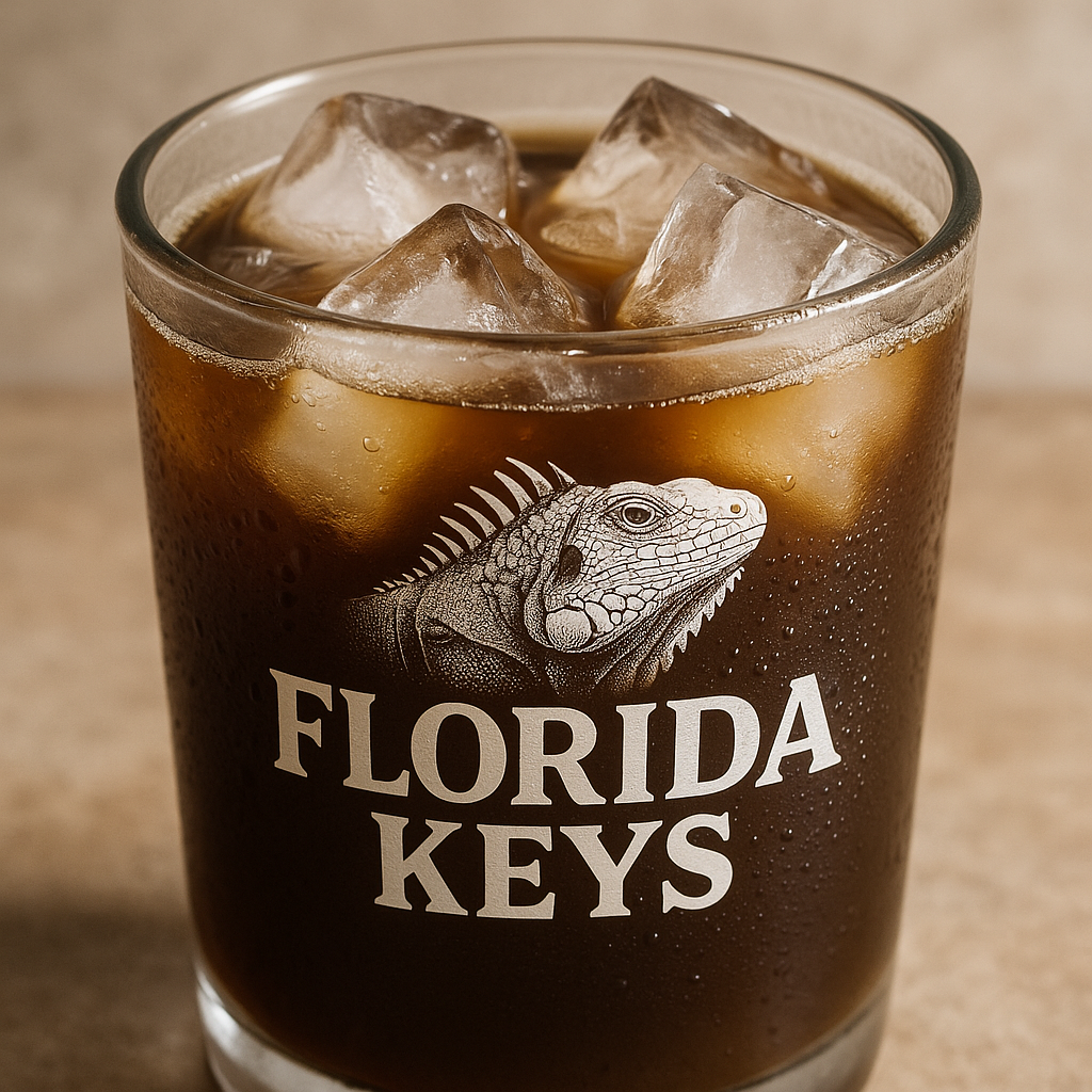 Close-up of chilled iced coffee in glass with Florida Keys branding and fresh ice cubes. Alt: Fresh iced chilled iguana coffee online purchase enjoying rich flavor.