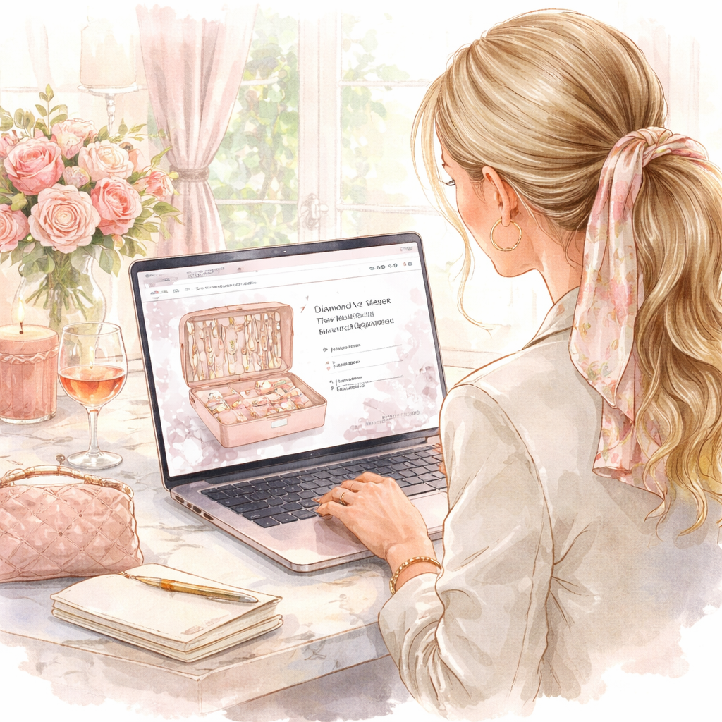 Watercolor illustration of a stylish woman browsing a luxury jewelry website on a laptop, searching for a travel jewelry organizer for necklaces, with soft pastel tones and elegant details. Alt: Woman researching where to buy diamond veneer travel jewelry organizer for necklaces
