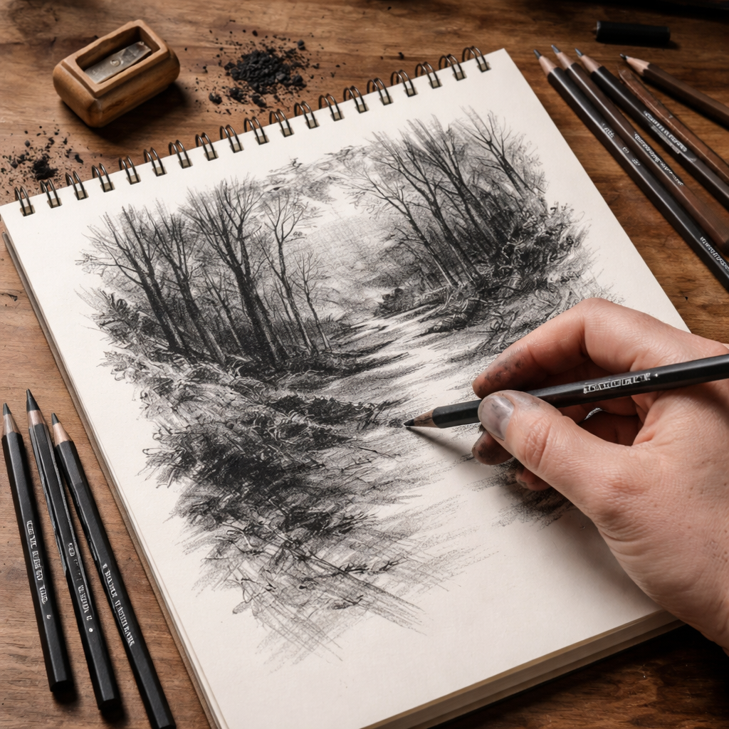 A realistic studio scene showing a hand holding a charcoal pencil, a sketchbook with varied tones, and a wooden sharpener. Alt: charcoal pencils, varied grades, sketchbook.