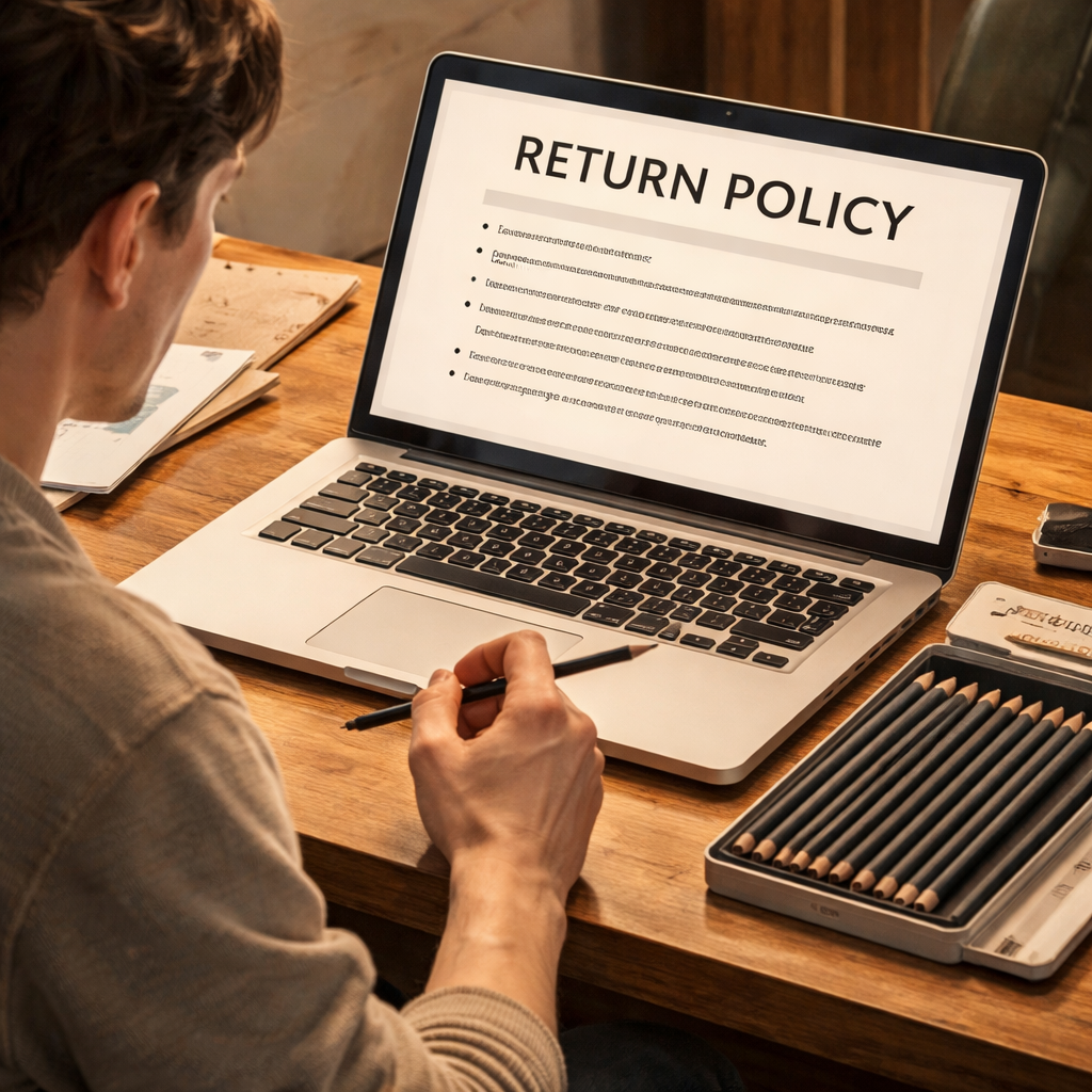 A realistic illustration of a customer reading a return policy on a laptop, with a charcoal pencil pack beside it. Alt: evaluating store policies for charcoal pencils.