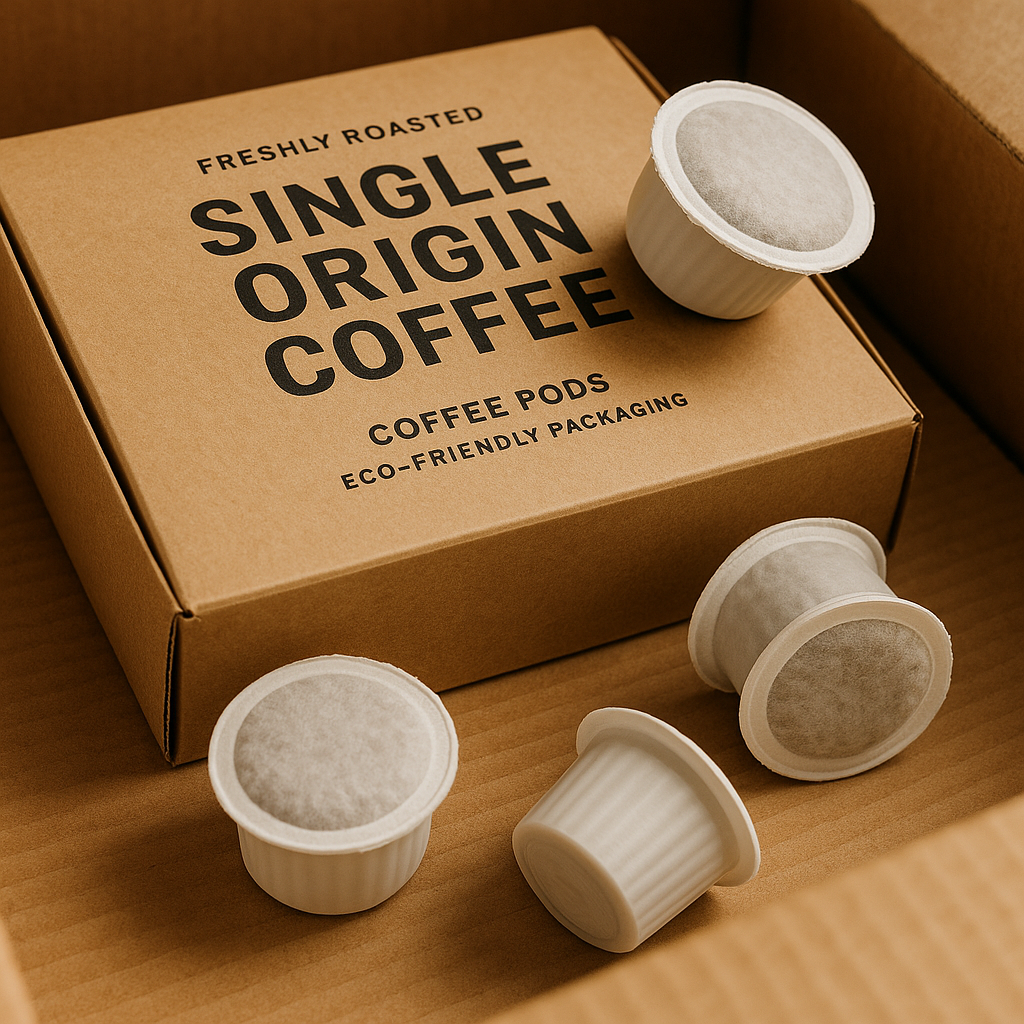 Fresh roasted single origin coffee pods in eco-friendly packaging, ready for shipment. Alt: Fresh roasted single origin coffee pods for flavorful coffee brewing.