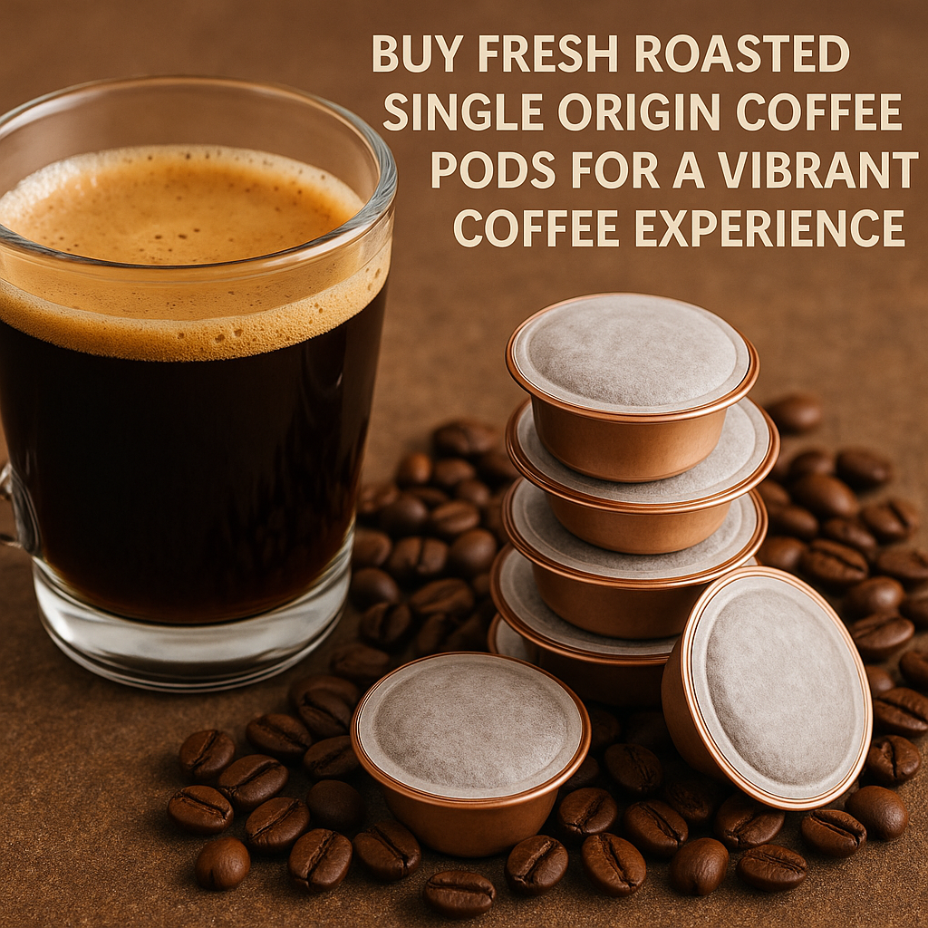Close-up of a freshly brewed cup of single origin coffee beside a stack of fresh roasted coffee pods. Alt: Buy fresh roasted single origin coffee pods for a vibrant coffee experience.