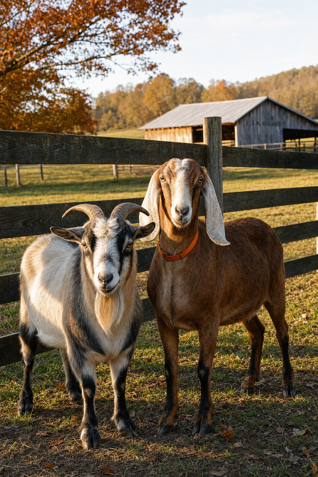 A realistic farm scene showing two adult goats of different breeds standing near a wooden fence on a small Tennessee homestead, late afternoon light, natural environment with pasture and barn in the background