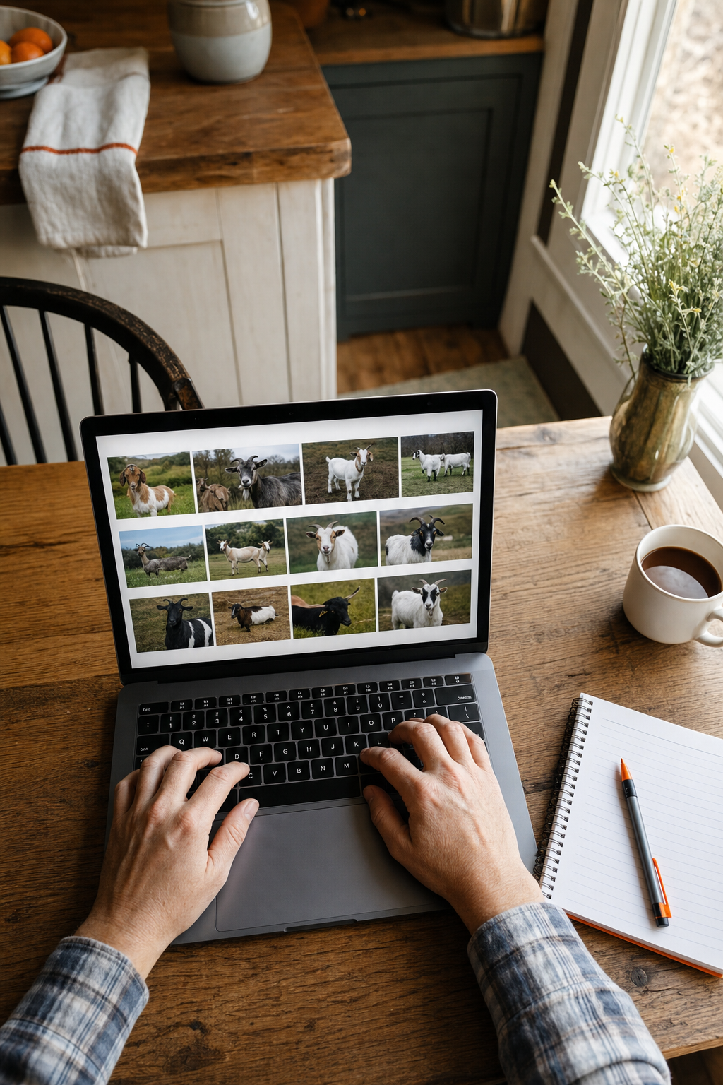 A realistic overhead view of a person's hands typing on a laptop at a farmhouse kitchen table, searching for local goat breeders online, with a notepad and pen beside the keyboard, natural window light