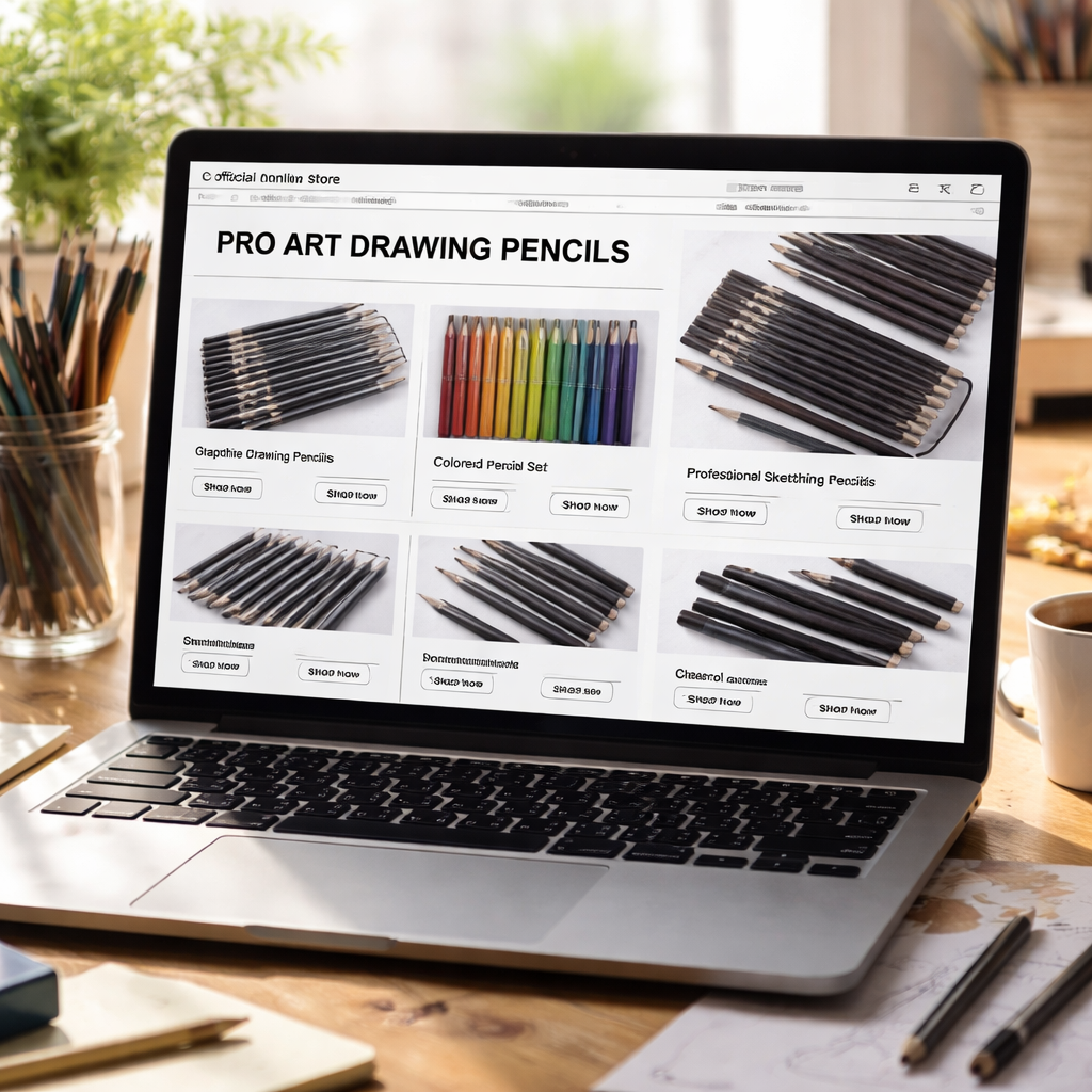 A photorealistic image of a laptop screen showing an official drawing‑pencil brand’s online store page, with product thumbnails and price tags, set in a bright home studio. Alt: Buying high quality drawing pencils online from official brand stores.