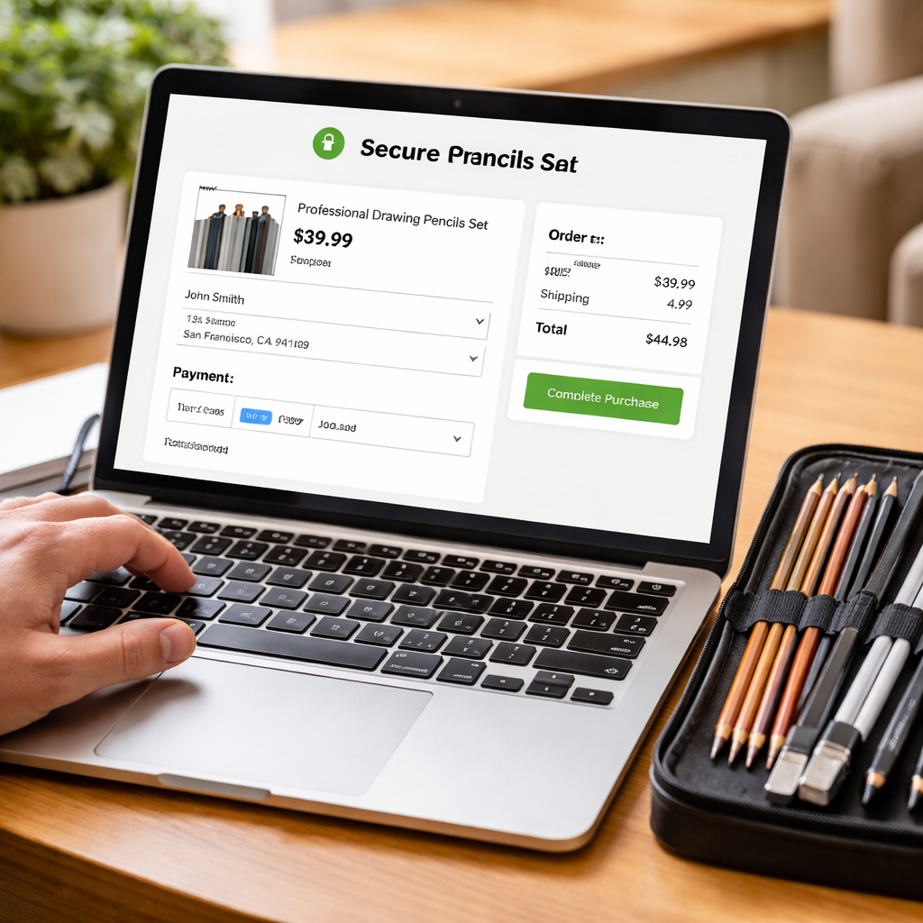 A realistic photo of a hand holding a laptop showing a secure checkout page for drawing pencils, with a protective pencil case beside it. Alt: Buying high quality drawing pencils online securely.